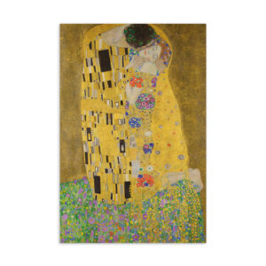 Front view of a premium 4x6 art history greeting card featuring Gustav Klimt's 1908 golden masterpiece The Kiss.