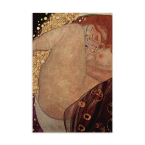 Front view of a premium 4x6 art history greeting card featuring Gustav Klimt's 1907 golden masterpiece Danae lying on a wooden desk.